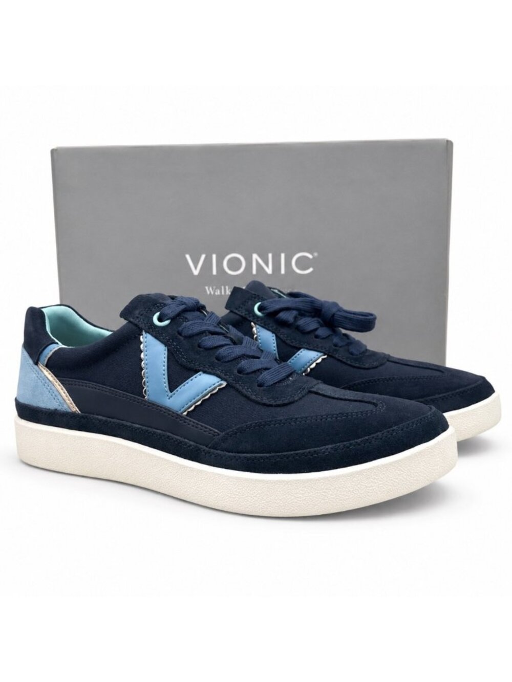 Vionic Mylie Supportive Sneakers Womens 9 Navy Suede Canvas Lace Up Comfort Shoe